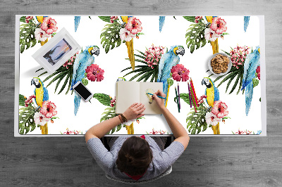 Schreibtisch Unterlegmatte Papageien und Blumen.