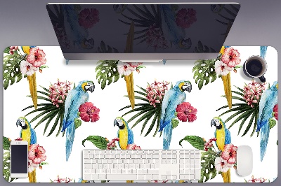 Schreibtisch Unterlegmatte Papageien und Blumen.